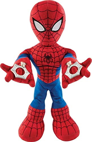 Marvel City Swinging Spider-Man Plush Figure, 11in Soft Super Hero Doll with Web-Swinging Action, Lights and Sounds, Gift for Kids and Collectors