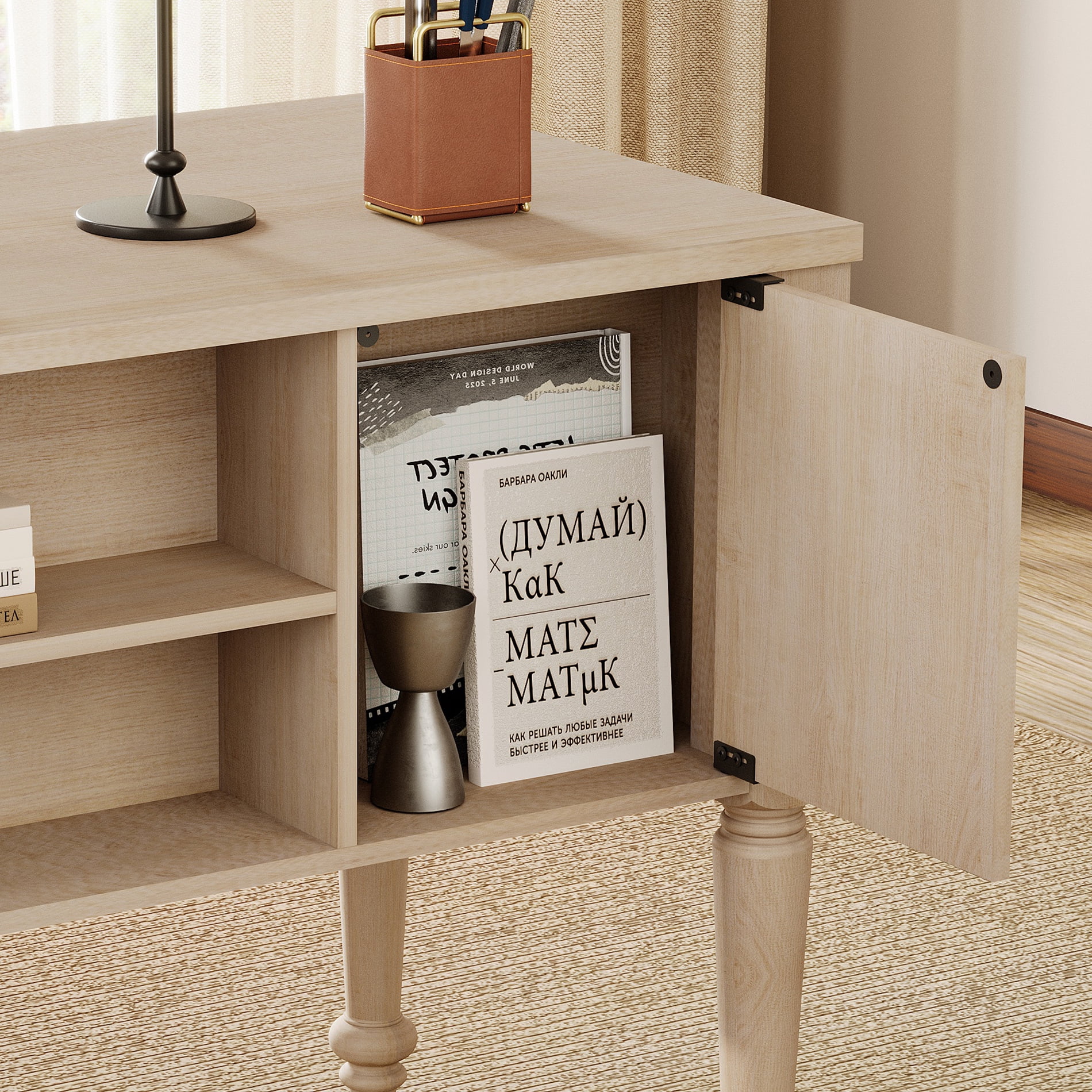 WAMAPT Farmhouse Executive Desk with 5 Drawers, Home Office Desk with Charging Station, Wooden Computer Desk with File Cabinet Storage, Open Shelf for Work and Study, Beige, 56 inch