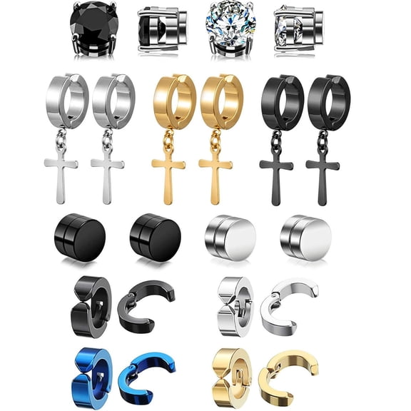 DESIGNICE 11 Pairs Non-Pierced Earrings Set for Men Women Cross Titanium Steel Hoop Dangle Clip on Earring,Durable Clip on Earrings Men