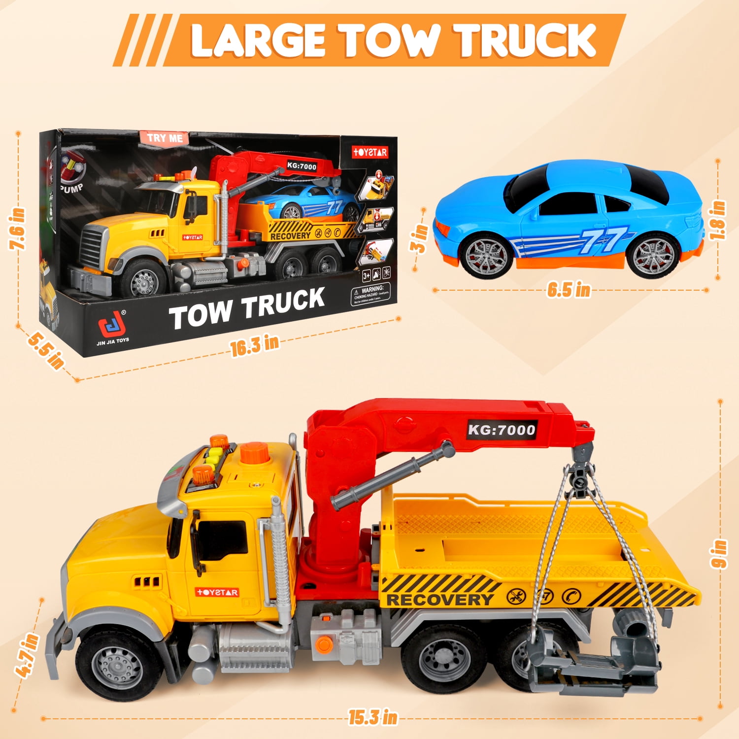 Huge Wave Kids Tow Truck Toys, 15" Large Toddler Car Toys, Transport Truck Crane with Roadster, Lights and Sounds, Birthday Gifts for Boys 3-6 Years