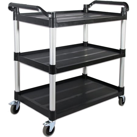 Xrg Plastic Commercial Cart Large Size, Restaurant Cart with Wheels Lockable, Heavy Duty Utility Service Cart for Foodservice, Commercial,Office, Warehouse, Black, 40.15X 19.29x 38.97 inches.