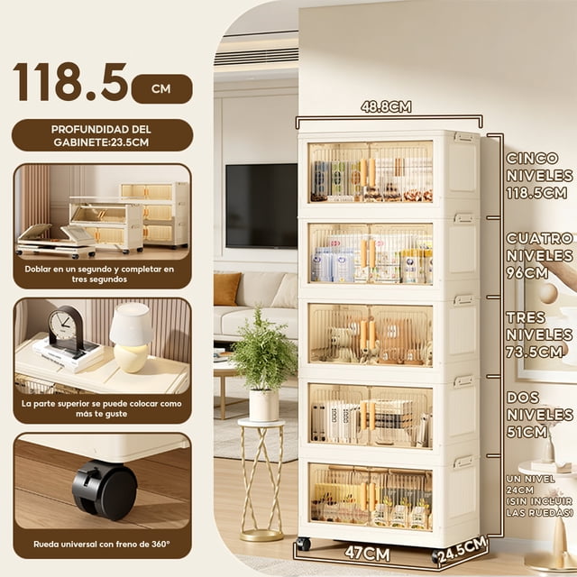 5 Cajas de Almacenamiento Plegables con 5 Niveles, Ruedas Silenciosas, Puerta Magnética, Organizadores Apilables de ABS de 50X25X120 Cm, Cajas de Organización Removibles para Dormitorio