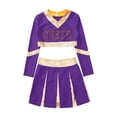 thumbnail image 3 of iEFiEL Kids Girls Color Contrast Patchwork Cheer Leader Dance Outfit Rhinestone Letters Print Crop Top with Pleated Skirt Purple 12, 3 of 5