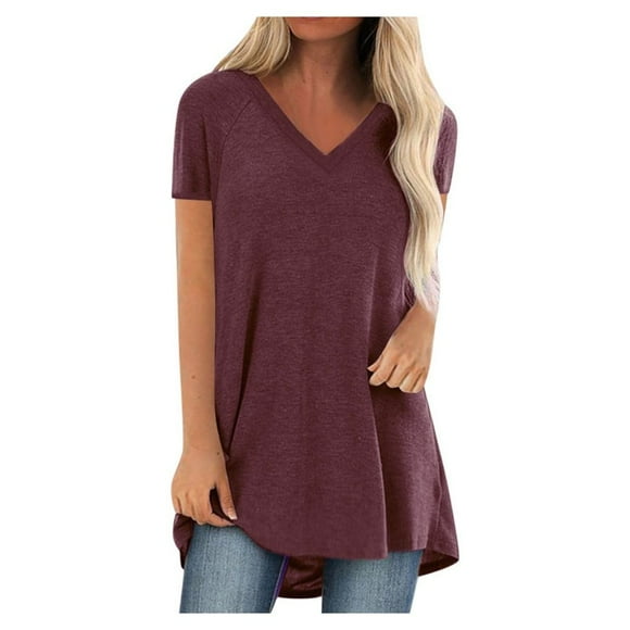 Women's Oversized T Shirts For Summer Vintage Tunic T-Shirt Loose Fit V Neck Long Tee Casual Short Sleeve Blouses Blusas de Mujer de Moda