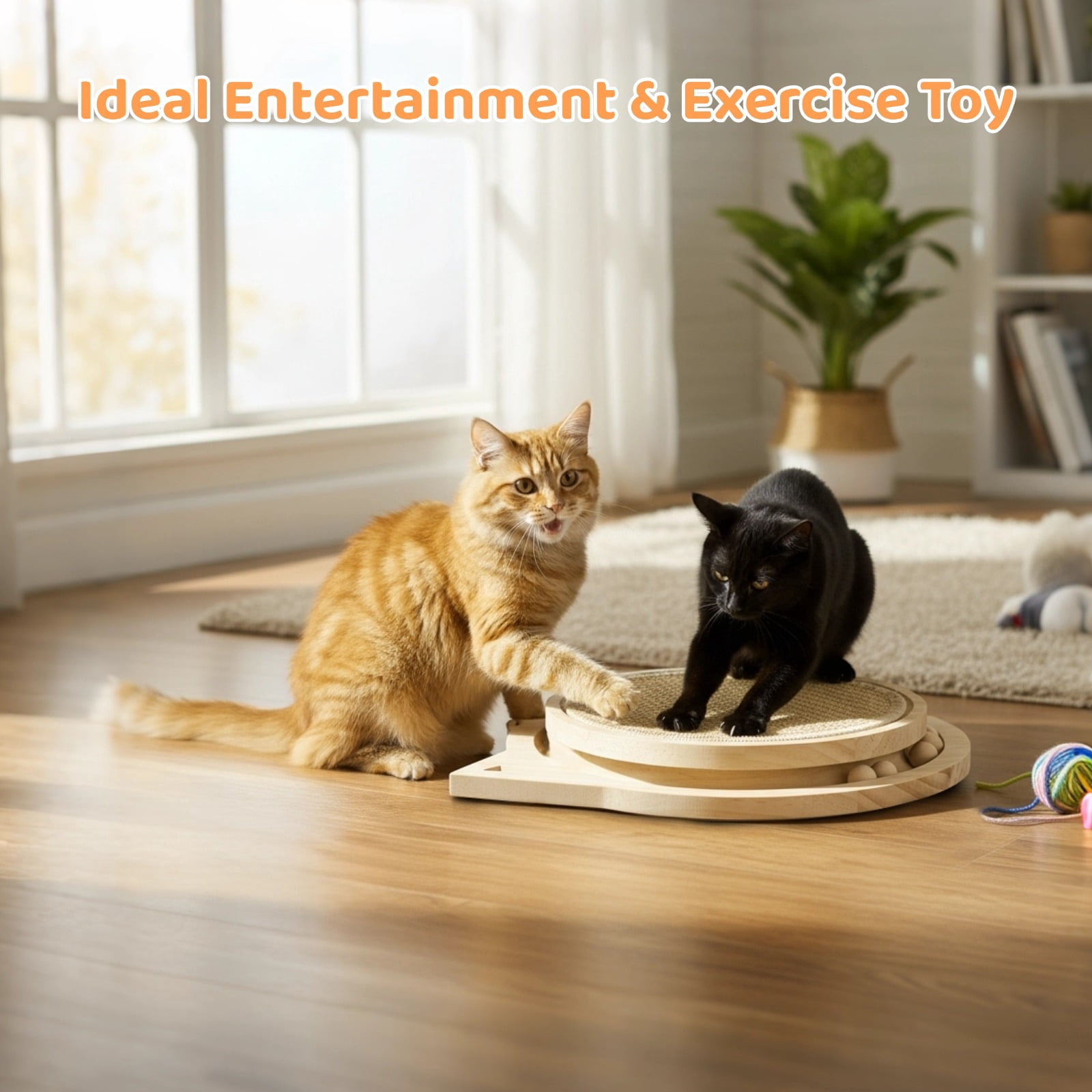 3-in-1 Cat Scratcher, Round Natural Sisal Cat Scratching Pad, Kitten Interactive Toy with Ball Track & Spring Ball, Cat Toy for Indoor Cats, Ideal for Chasing, Hunting