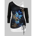 thumbnail image 1 of Conjunto Camisero de Talla Extra con Estampado de Mariposa con Cuello Oblicuo Rosegal  Mangas largas de talla grande, 1 of 5