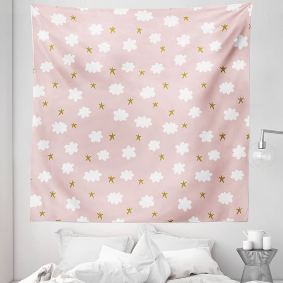 Cartoon Tapestry, Stars and Clouds Design Vintage Sketch Style Illustration Calming Ornate, Fabric Wall Hanging Decor for Bedroom Living Room Dorm, 5 Sizes, Sepia White Blush, by Ambesonne