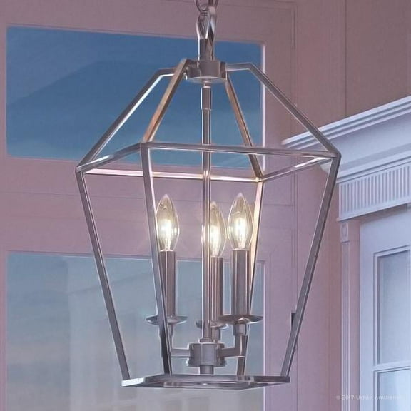 Urban Ambiance Luxury Colonial Chandelier, Small Size: 17"H x 9.5"W, with Minimalist Style Elements, Bird Cage Design, Polished Nickel Finish and Exposed Bulbs, UQL2060