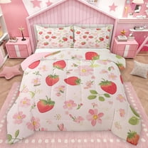 Homewish Kids Strawberry Fruit Queen Comforter Set, Pink Blossoms Flower Bedding Sets, Princess Cartoon Theme Reversible Bedding Comforter Set, Lightweight Room Decor, 3pcs