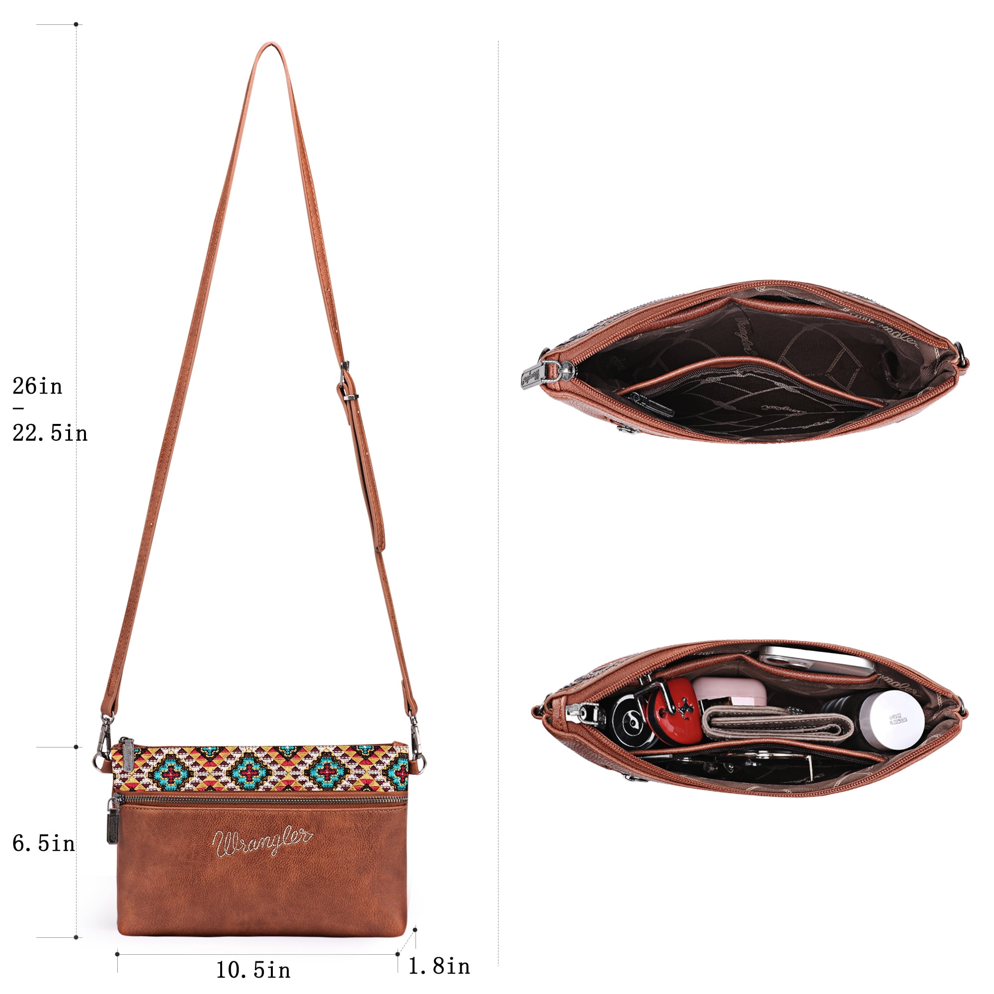 Wrangler Western Cowhide Crossbody Bags for Women Clutch Wristlet Purse, Embroidered-brown