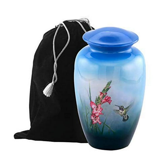 Aesthetic Painted Cremation Urn - Affordable Metal Urn - Hand Painted Solid Metal Urn for Ashes, Adult Cremation Urn with Free Velvet Bag (Hummingbird)