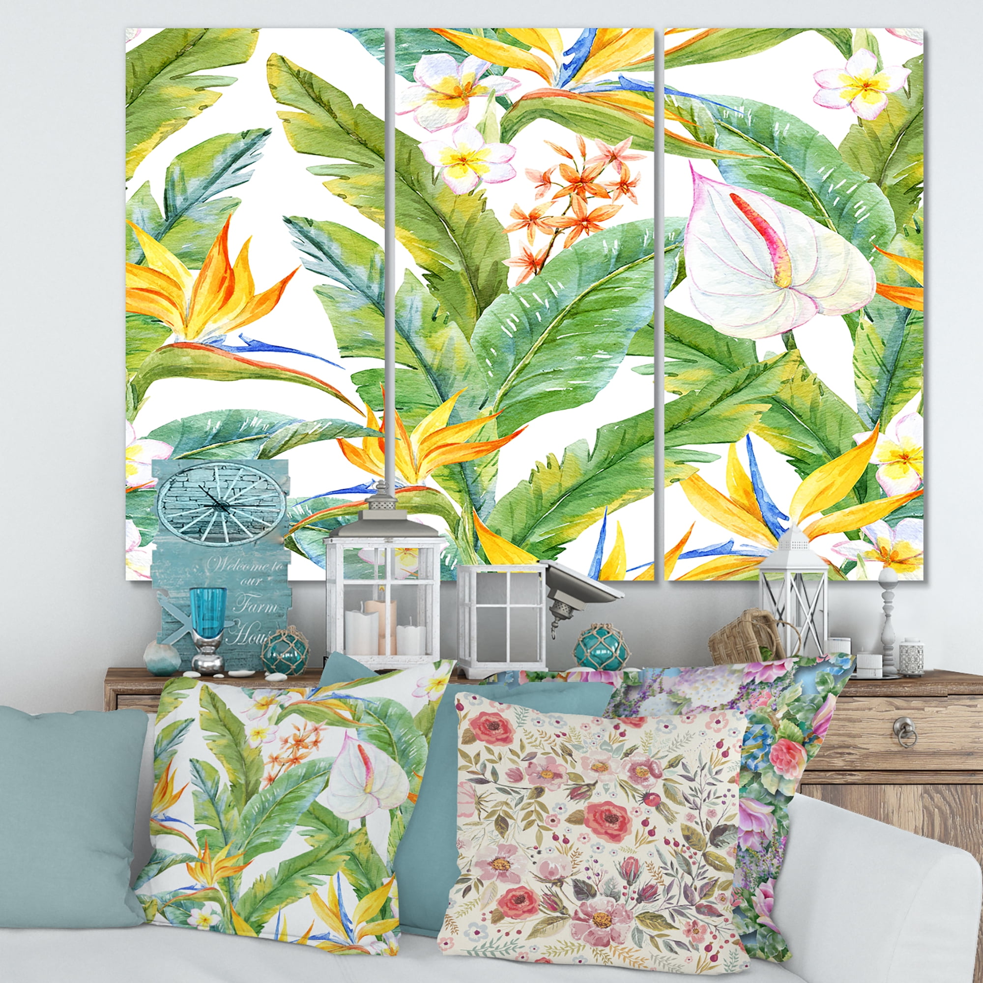 Designart ' Yellow Flowers and Tropical Foliage II ' Modern Canvas Wall Art Print