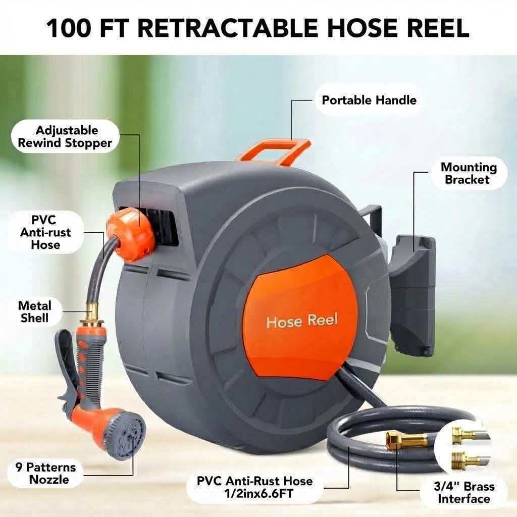 AIKKYS 100ft Retractable Garden Hose Reel with Auto Rewind,180° Swivel Bracket & 9-Pattern Nozzles,Any Length Lock Wall-Mounted Water Hose Reel