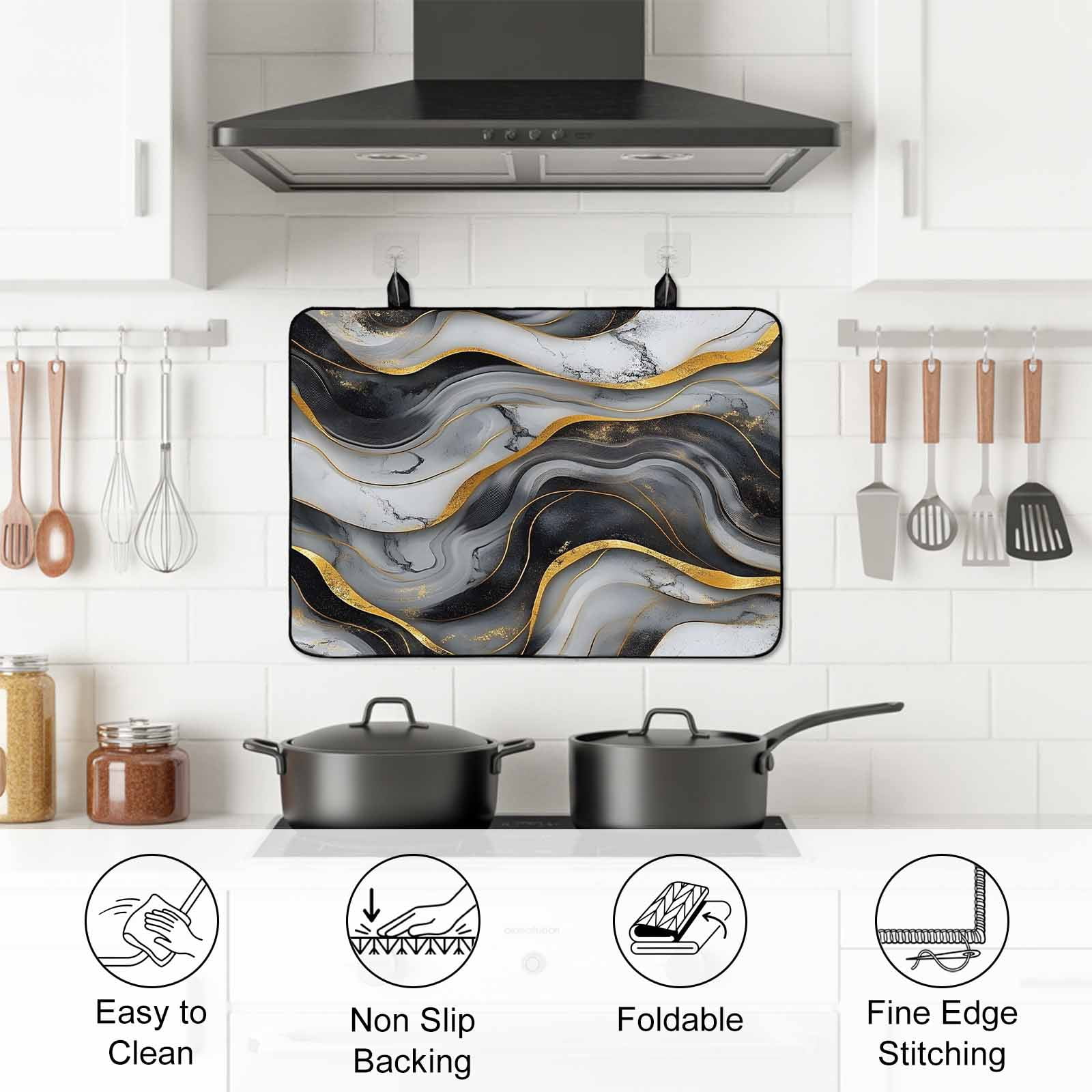 Marble Black Grey Stove Top Cover for Electric Stove, Heat-proof & Non Slip Glass Top Stove Cover Protector, Modern Fake Stone Gold Foil Wavy Kitchen Flat Cooktop Rubber Mat 24x21 Inches