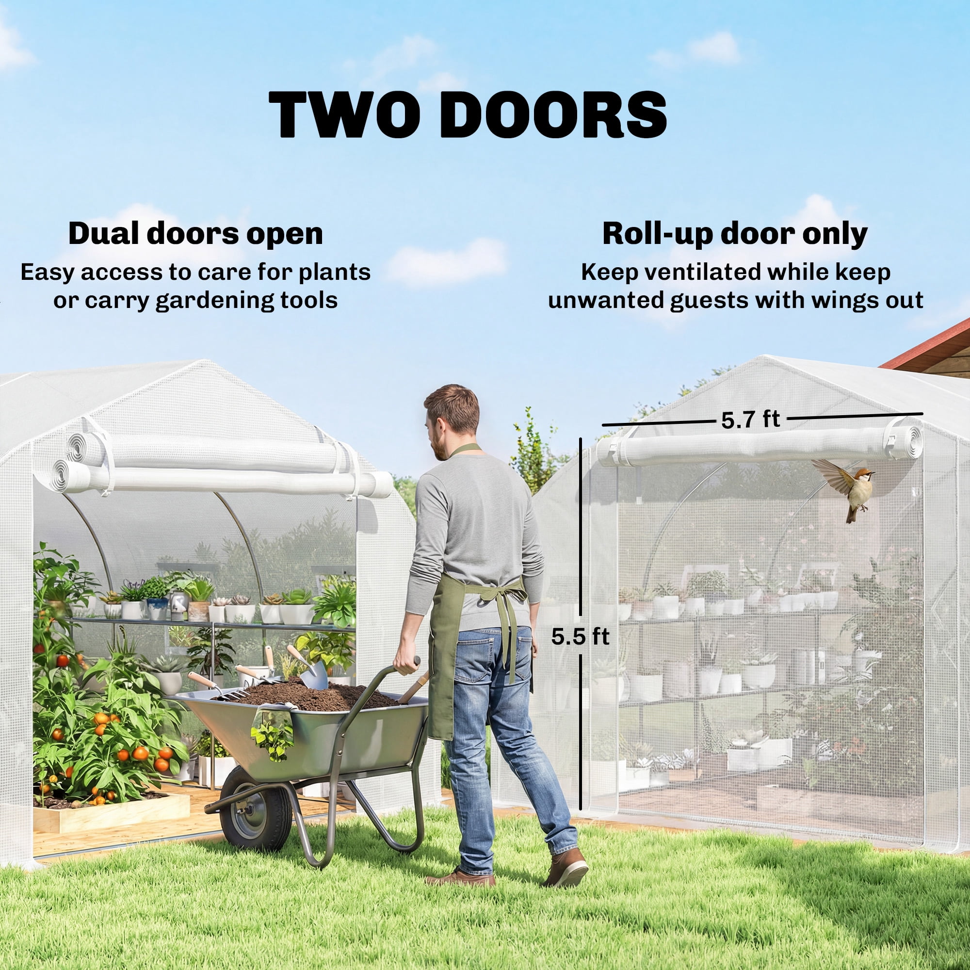 Outsunny Walk-in Tunnel Greenhouse with Shelves, Plant Hot House with Mesh Door, White