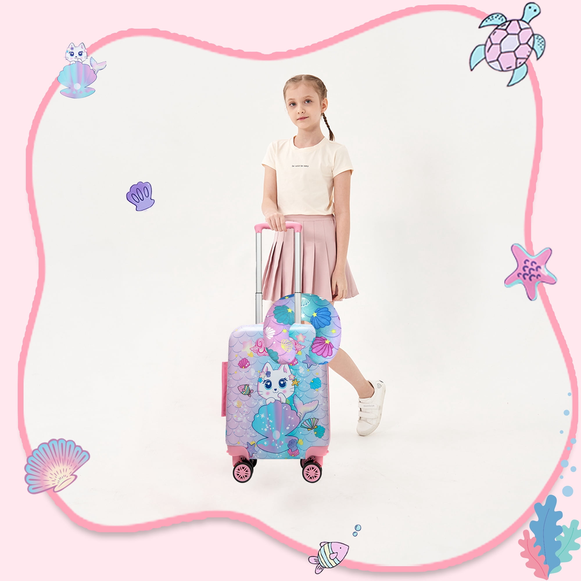 Cute Kids Luggage Sets with Neck Pillow Airplane Small Hardshell Suitcases for Girls with Wheels Pink Suitcase Toddler Travel Essential Cat