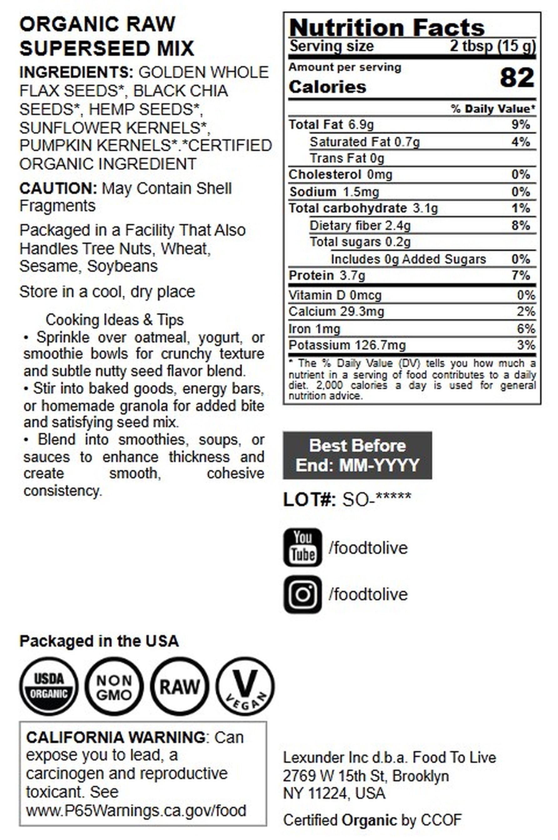 Organic Raw Superseed Mix with Chia, Flax, Hemp, Pumpkin, and Sunflower, 10 Pounds  Non-GMO Five Whole Seeds Blend, Vegan, Kosher, Bulk. High in Omega-3, Omega-6, Fiber, Protein. Perfect Salad Topper