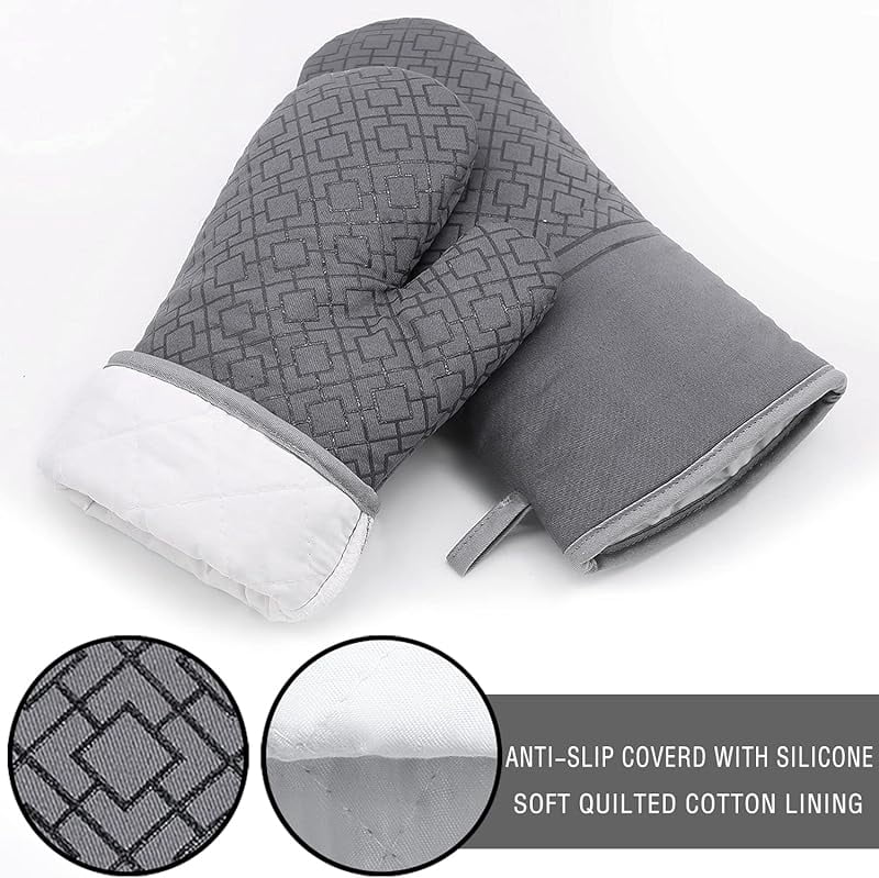 Oven Mitts and Pot Holders Sets 6pcs, Kitchen Glove,High Heat Resistant 550 Degree Extra Long Potholders with Non-Slip Silicone Surface for Home Essentials (Grey) (Gray)