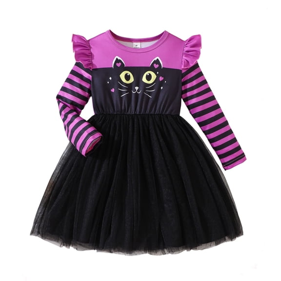 WOYY Girls Halloween Tutu Dress Cute Black Cat Ruffle Long Sleeve Dress, Purple, Sizes 3-7