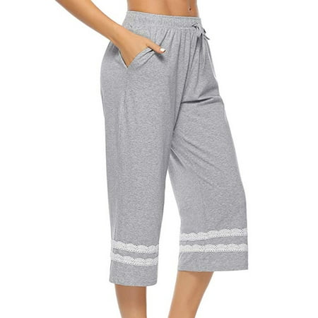 

Womens Cropped Pajama Pants Cotton Drawstring Wide Leg Pockets Lounge Pants Sleepwear Bottoms