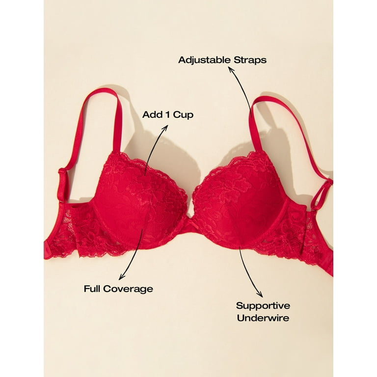 Deyllo Women's Sexy Lace Plunge Padded Underwire Push Up Bra, Red