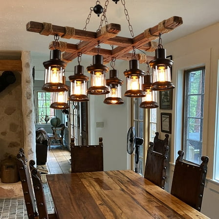 8-Light Wooden Crossbeam Chandelier for Farmhouse - Adjustable Black Chains, Retro Barnwood Finish, E26 Sockets (Bulbs Not Included), Rustic Kitchen/Living Room Ceiling Light Fixtur