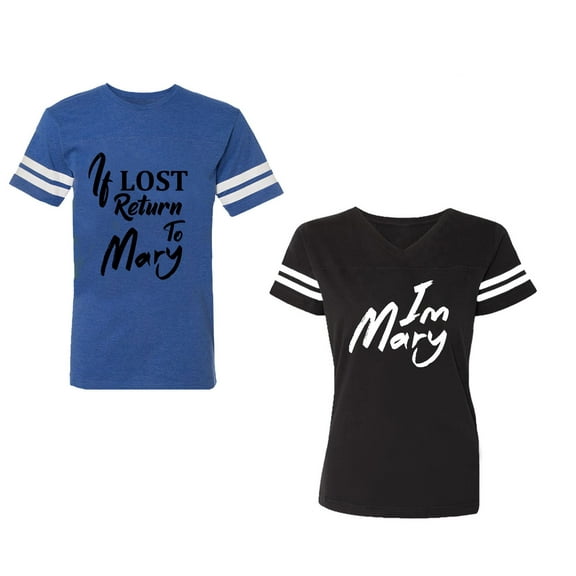If Lost Return To Mary I am Mary Unisex Couple Matching Cotton Jersey style T-Shirt Contrasting stripes on sleeves (Men Royal / Women Black) (Men S / Women S)