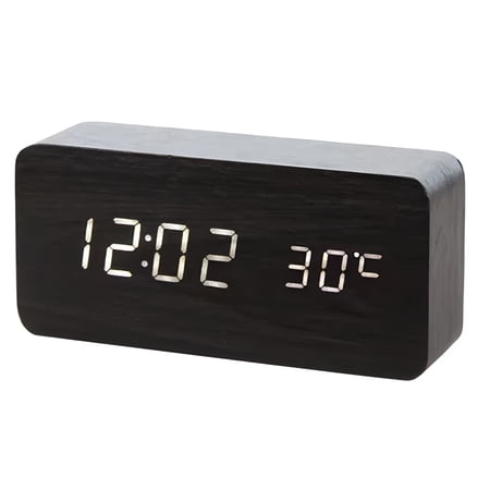 Wooden Rectangle LED Alarm Clock Digital Thermometer with Sound Control USB/AAAA Date Display for Desktop Table