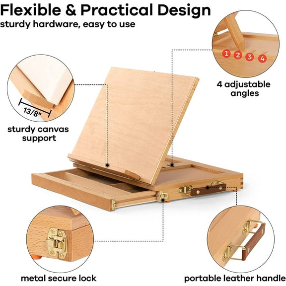 Beech Wood Tabletop Easel - Adjustable Portable Sketch Box with Storage Drawer & Palette for Artists