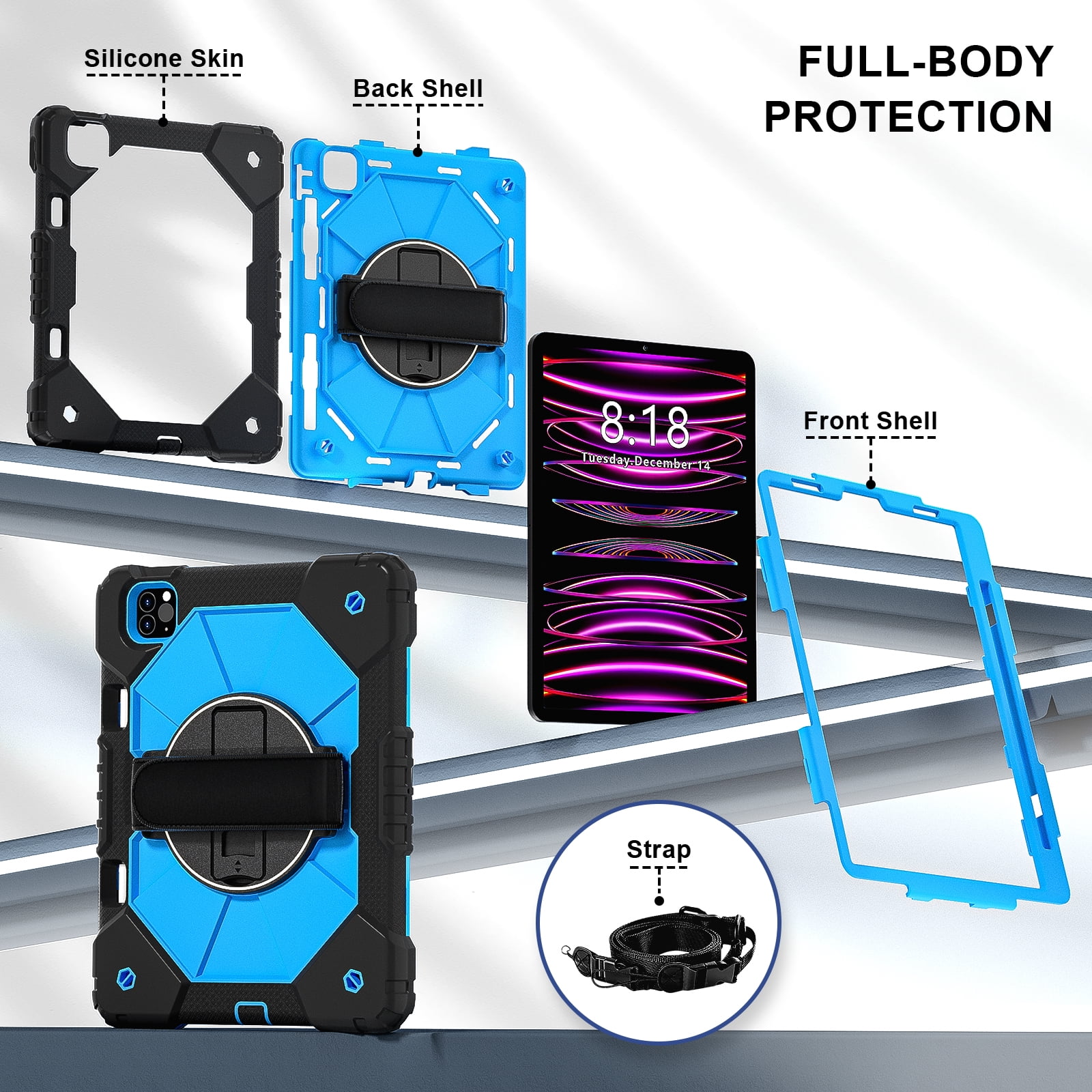 Shockproof Case for Apple iPad Pro 11 Inch 2022/2021/2020/2018 4th 3rd 2nd 1st Gen/ iPad Air 5th 4th Gen 10.9 Inch, Rotating Kickstand Pencil Holder Shoulder Strap Hand Strap Bumper Cover, Blue+Black