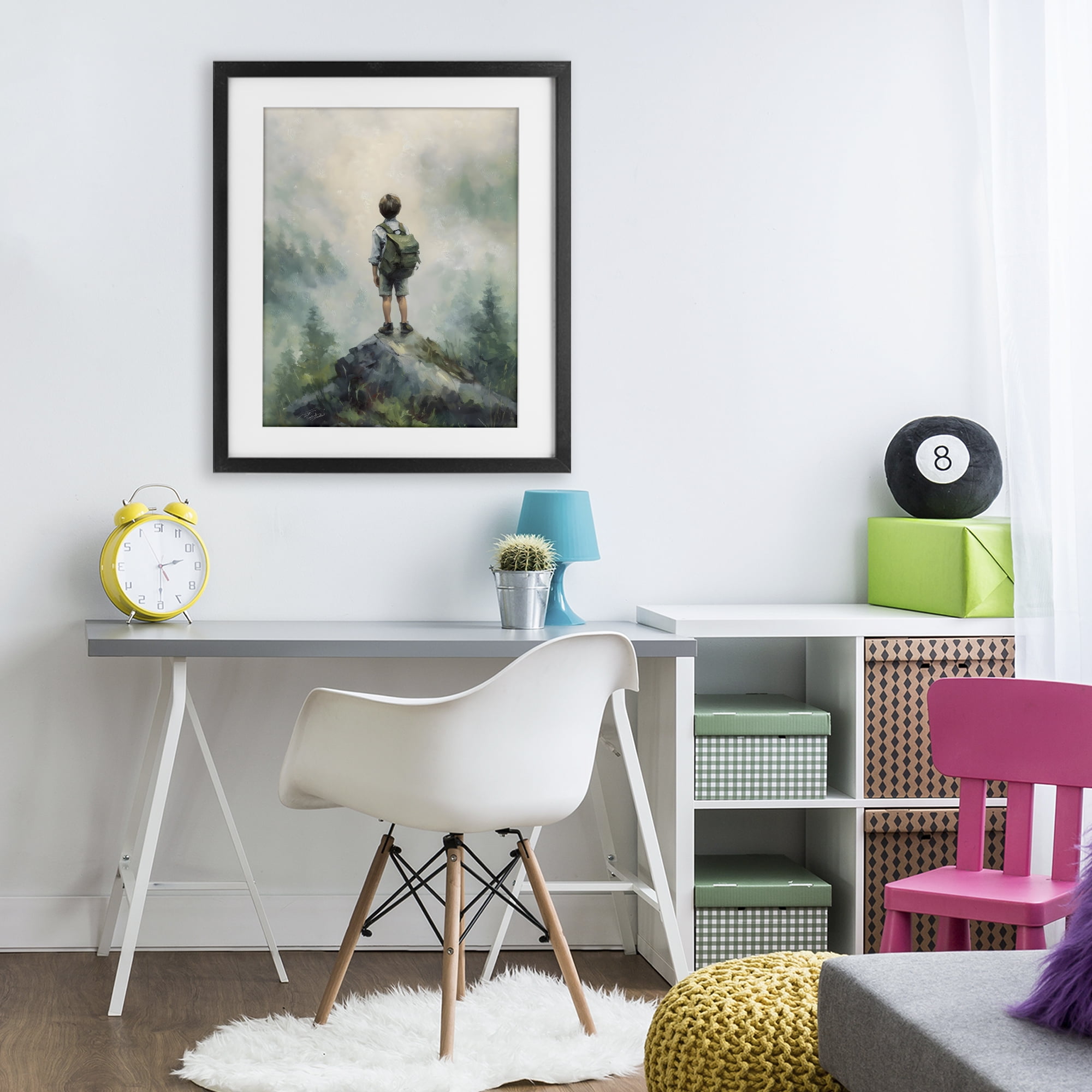 Boy Adventurer Atop Mountain Black Framed Print Under Glass, design by Arlington Prints