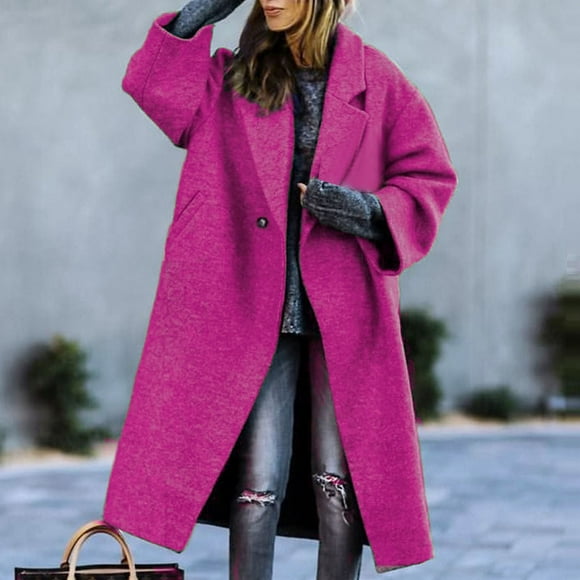 WRKEKC Women's Beltless Wool Blend Coat Notch Lapel Relaxed Fit Long Trench Office Ready Fall Winter Timeless Outerwear Hot Pink L