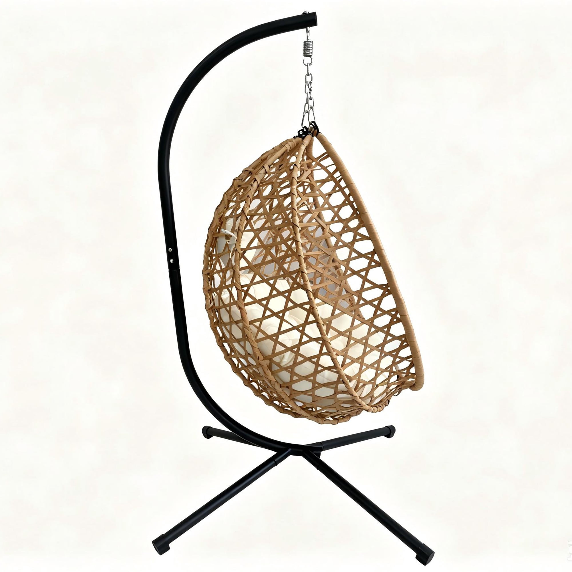 Foldable Hanging Egg Chair with Stand, HDPE Rattan Wicker Swing Chair with Washable Cushion, 350 LBS Anti-Rust Steel Frame for Indoor Bedroom Balcony Outdoor Patio Garden