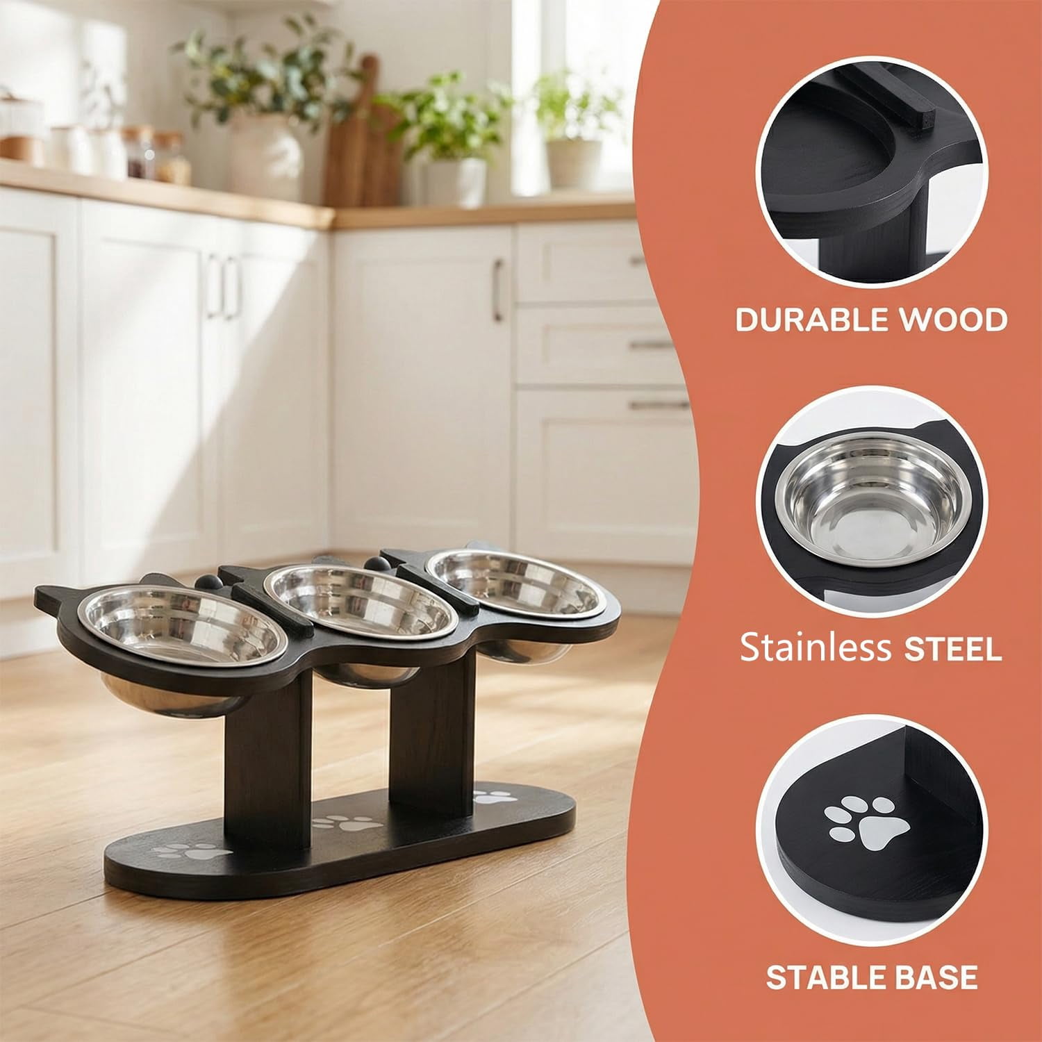 2026 Upgraded Anti-Slip Elevated 3-Bowl Pet Feeder, Cat Feeding Station with 3 Stainless Steel Bowls, 15° Tilted Adjustable Height Raised Pet Food Bowls with Stand for Dogs and Cats