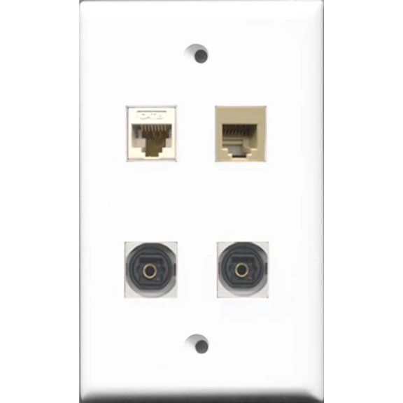 RiteAV 1 Port Phone RJ11 RJ12 Beige 2 Port Toslink and 1 Port Cat6 Ethernet White Wall Plate