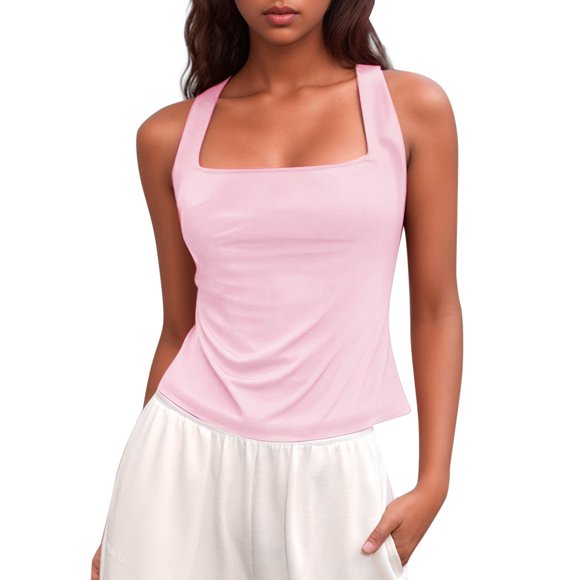 Camiseta sin mangas de verano ajustada para mujer: sin mangas, color liso, poliéster transpirable, corte ajustado, versátil para combinar con pantalones cortos o faldas.