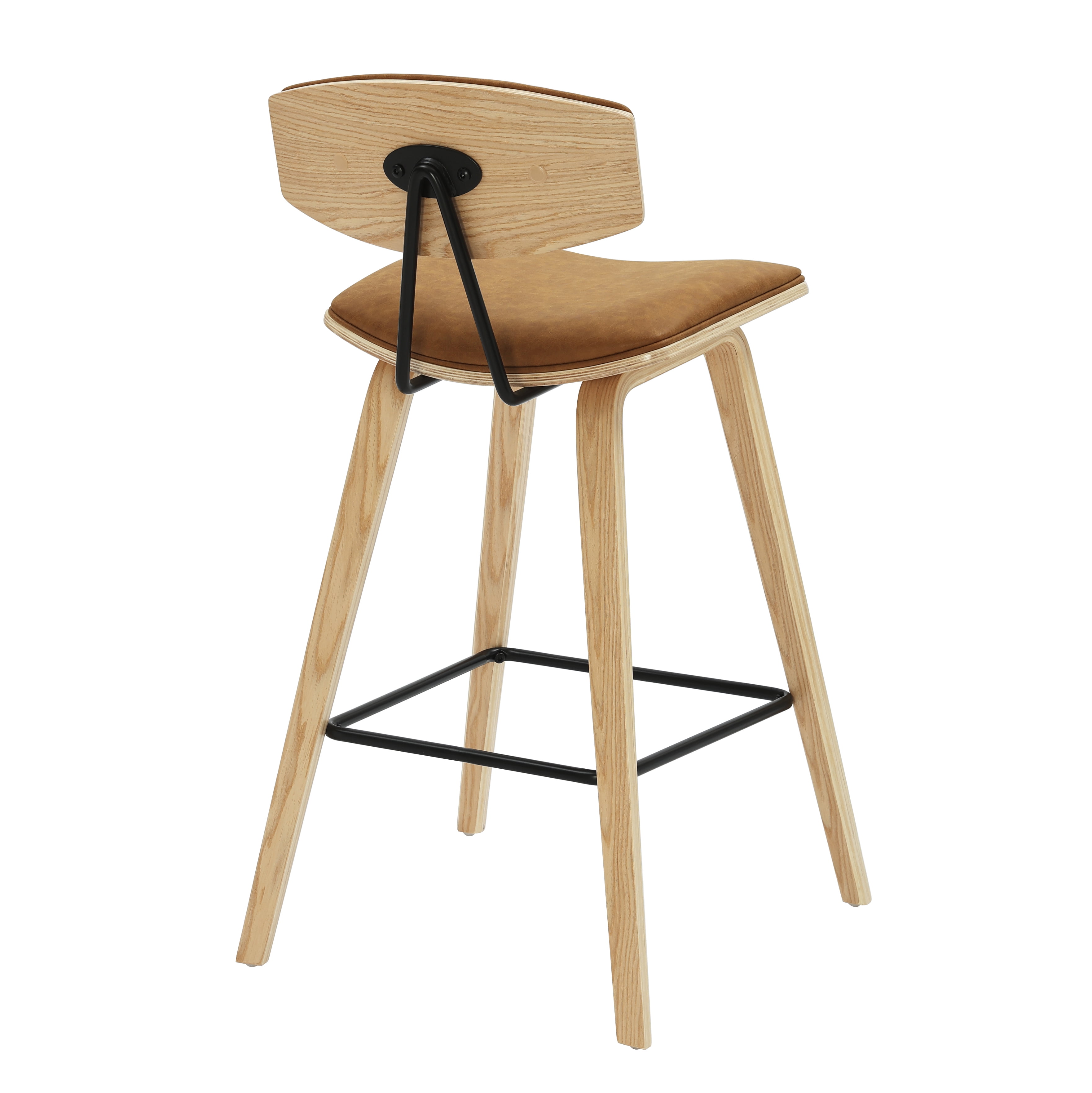 Fox 36 in. H Counter Height Camel Curved Back Wood Bar Stool with Faux Leather Seat Set of 2