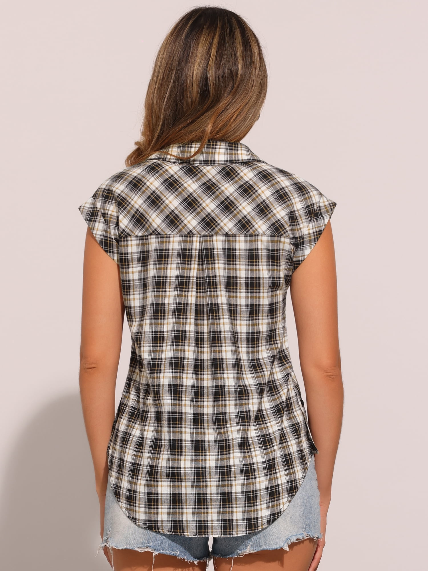 DARING DIVA Women's Summer Plaid Short Sleeves Button Down Shirts S Black White
