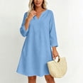 thumbnail image 2 of Women Solid V Neck 3/4 Sleeve Cotton Linen Mini Dress, Loose Casual Swing Dress, Breathable Vacation Dress Light Blue XXL(XXL), 2 of 8
