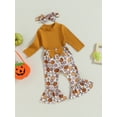 thumbnail image 3 of Diconna Infant Girl Halloween Clothes Ribbed Long Sleeve Romper Pumpkin Print Flare Pants Headband Set Fall Outfit, 3 of 8