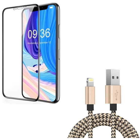 iPhone XS/X - 6ft USB Cable w Ceramics Screen Protector - Charger Cord Power Wire Sync Braided, Matte 3D Curved Edge Full Cover Anti Glare Anti Fingerprint 9H Hardness