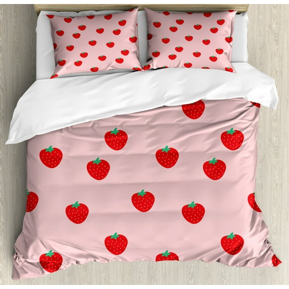 Strawberry Duvet Cover Set, Continuous Cartoon Style Simplistic Summer Time Organic Fruits, Decorative 3 Piece Bedding Set with 2 Pillow Shams, Queen Size, Rose Dark Pink and Green, by Ambesonne