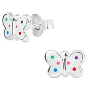 Hypoallergenic Sterling Silver Rainbow Polka Dot Butterfly Stud Earrings for Kids (Nickel Free)