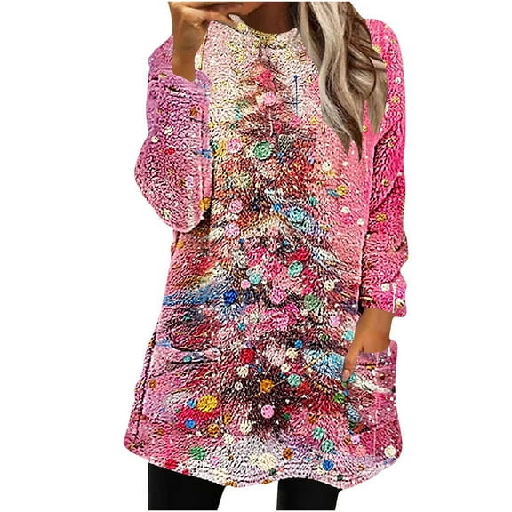 Christmas Clothes for Women Pullover Sweaters 2 Pockets Crewneck Graphic Soft Flannel Tunic Tops for Leggings (XL, Pink #A)