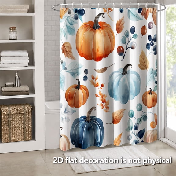 Hoease Autumn Watercolor Pumpkin Berry Leaves Shower Curtain, 71W x 71L Inch Waterproof Fabric Bathroom Curtain with 12 Hooks, Fall Harvest Bath Decor