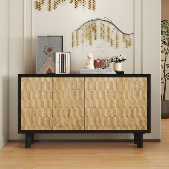 Distressed Wooden Buffet Cabinet with Storage, Accent Sideboard with 4 Carved Doors & Adjustable Shelf, Sideboard Cabinet for Kitchen, Living Room,Black&Natural