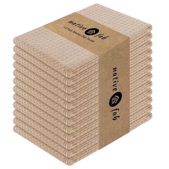 Native Fab 12 Pack Waffle Kitchen Dish Towels - 100% Cotton Soft Absorbent Wash Cloths - Beige