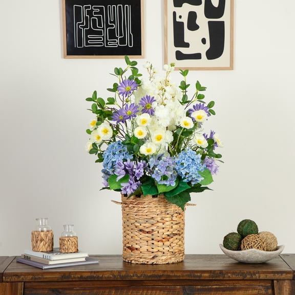 Nearly Natural Mixed Flower and Hydrangea Artificial Arrangement in Weave Basket - 31" - Multicolor