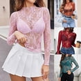 thumbnail image 5 of Women Long Sleeve Solid Color Sheer Lace T-Shirt Blouse Clubwear Going Out Top, 5 of 8