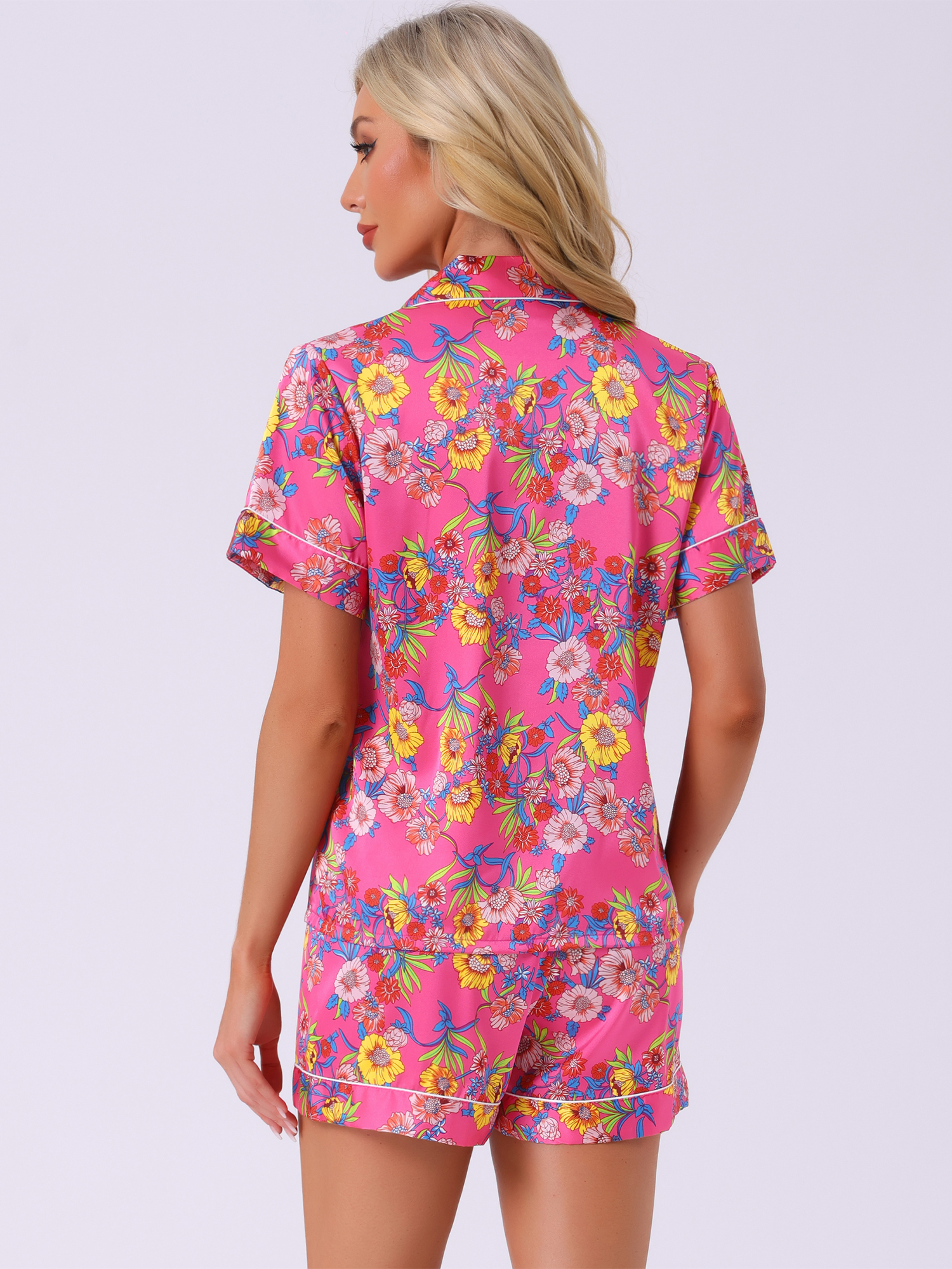 DARING DIVA Women's Hawaiian Shirt with Shorts Pajamas Set M Rose Red